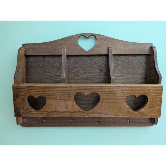 Vintage 80s Wood Wall Shelf Mail Letter Holder Key Hooks Cottagecore Boho Chic - Picture 1 of 11